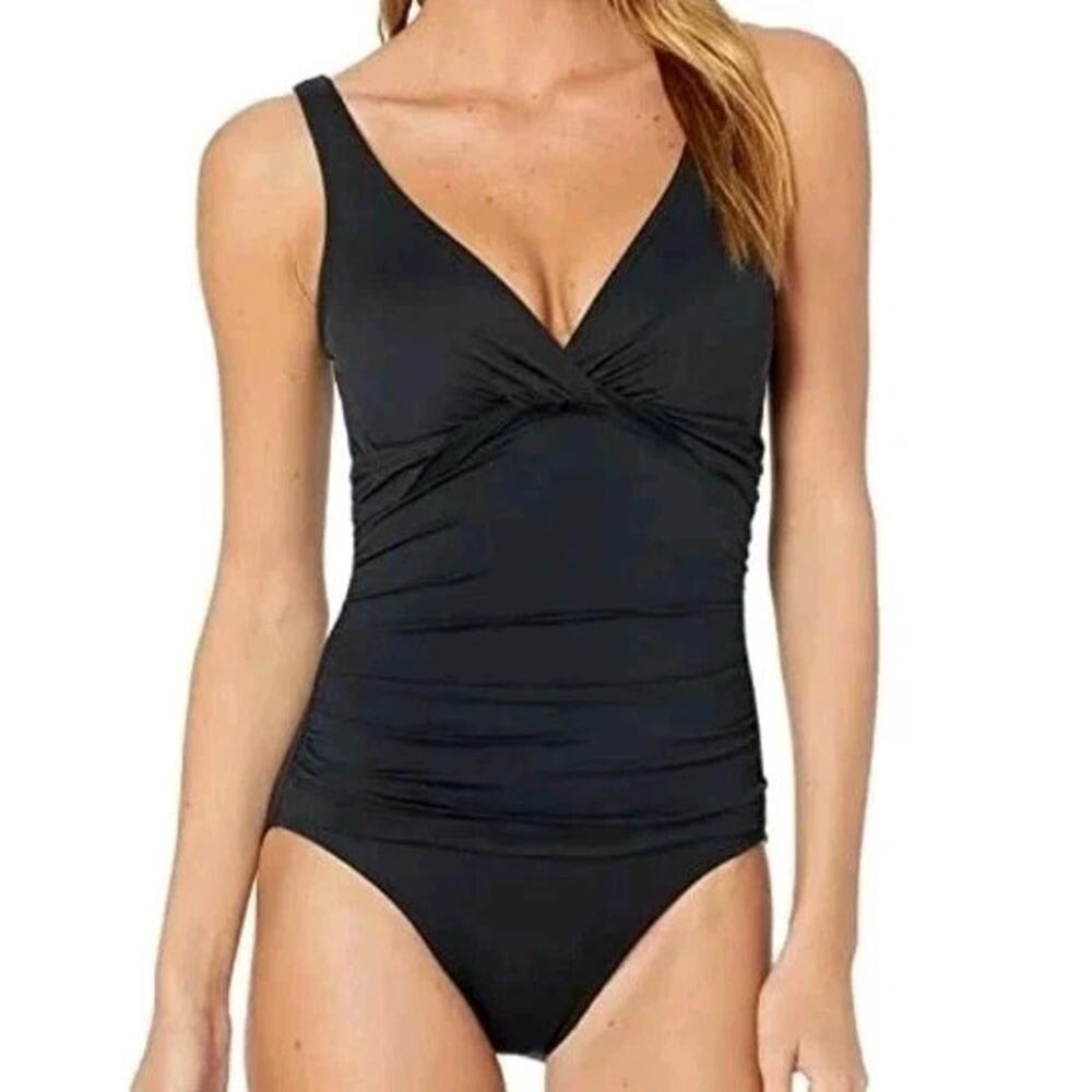 Ralph Lauren Black Twist Front One Piece Swim Size 10 Underwire Built in Bra